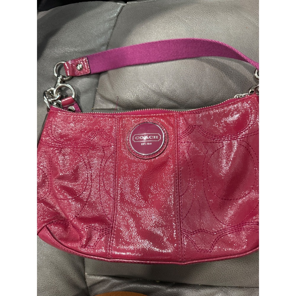 Coach F15141 Magenta Patent Leather Signature Stitched Shoulder Bag Pink